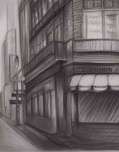 A black and white Charcoal drawing of a city street with a restaurant and bar cloudy day