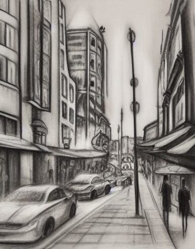 A black and white Charcoal drawing of a city street with restaurant and bar
