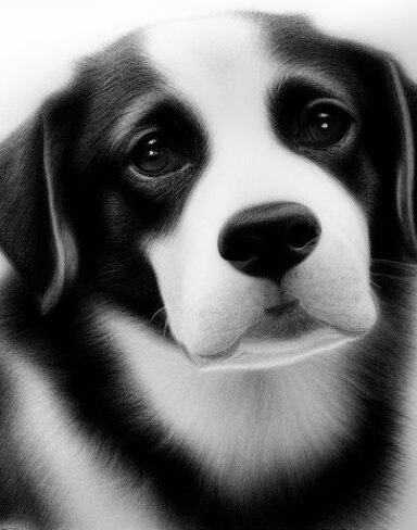 A black and white charcoal drawing of a dog