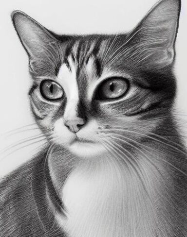 A black and white drawing of a American wirehair cat portrait
