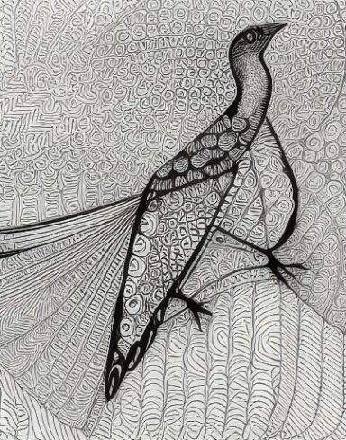 A black and white drawing of a bird