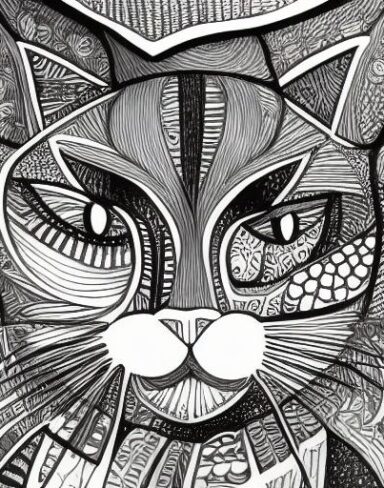 A black and white drawing of a cat