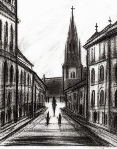 A black and white drawing of a city and church at night with full moon with many people on street