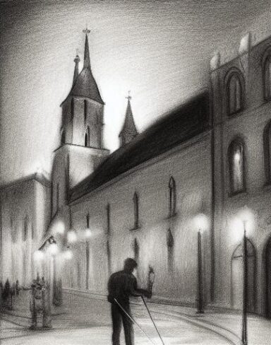 A black and white drawing of a city and church at night with starry sky