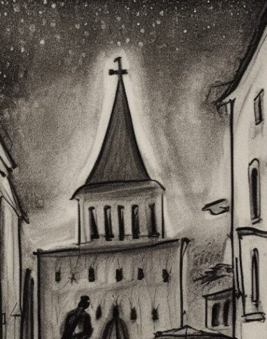 A black and white drawing of a city and church at night with starry sky