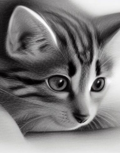 A black and white drawing of a eating kitten