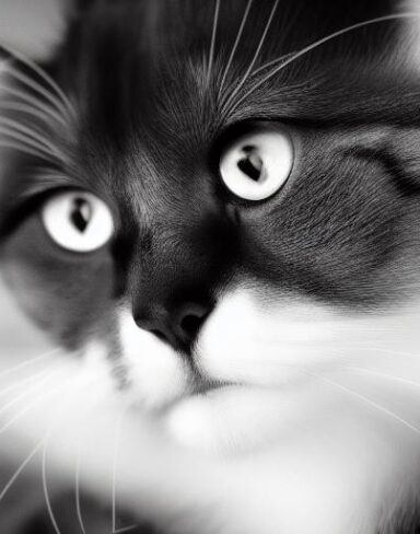 A black and white drawing of a fluffy cat