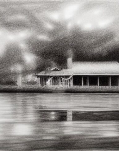 A black and white drawing of a house by a lake