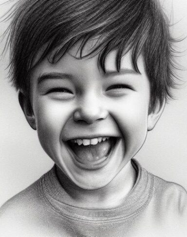 A black and white drawing of a joyful boy