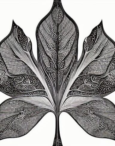A black and white drawing of a leaf