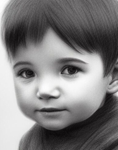 A black and white drawing of a little boy