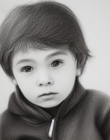 A black and white drawing of a little boy kid