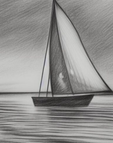 A black and white drawing of a sailboat in the water