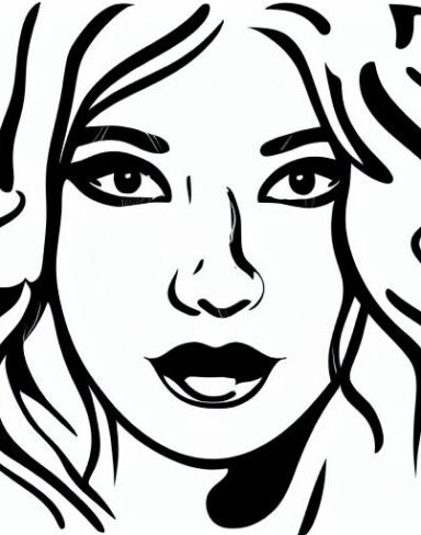 A black and white drawing of a woman’s face