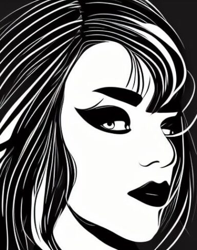 A black and white drawing of a woman’s face