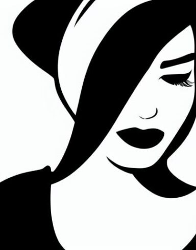 A black and white drawing of a woman’s face