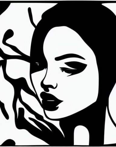 A black and white drawing of a woman’s face