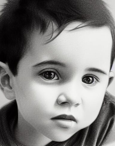 A black and white drawing of a young age boy