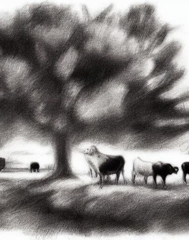 A black and white drawing of farm animals in the farm with trees