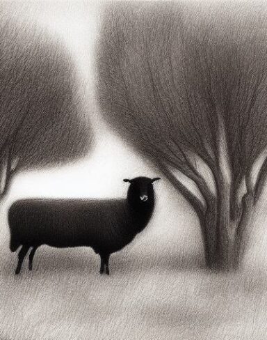 A black and white drawing of sheep and trees