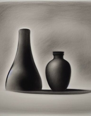 A black and white drawing of vases and a bottle
