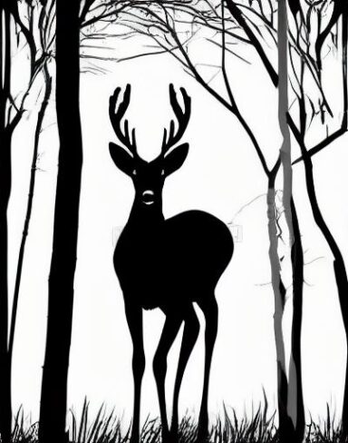 A black and white silhouette of a deer standing in the forest