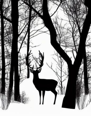 A black and white silhouette of a deer with trees in winter