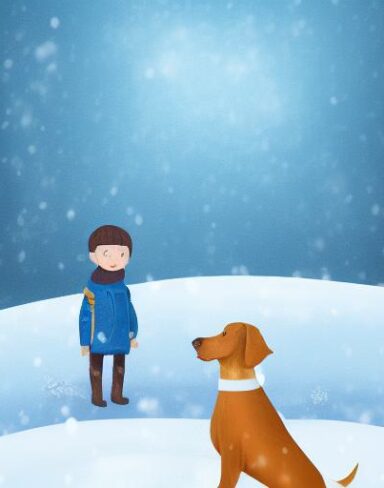 A boy standing next to a dog in the snow