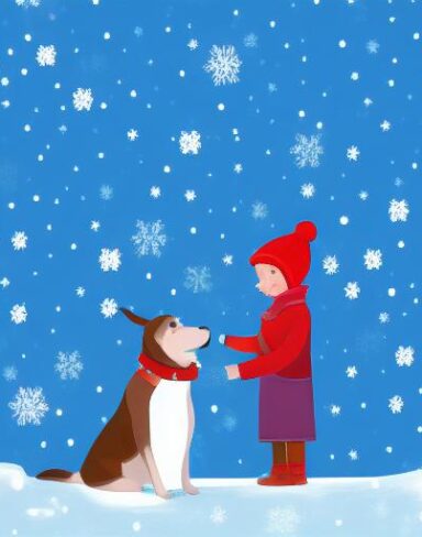 A boy standing next to a dog in the snow in winter