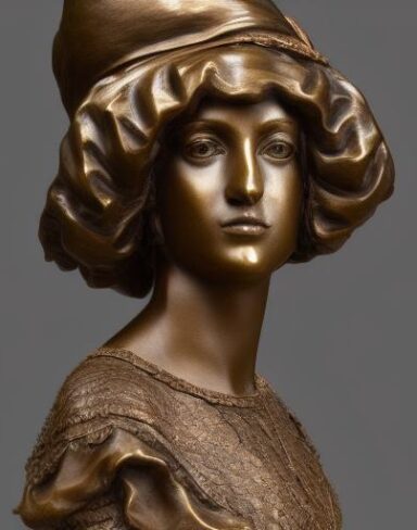 A bronze bust for a female wearing on a hat