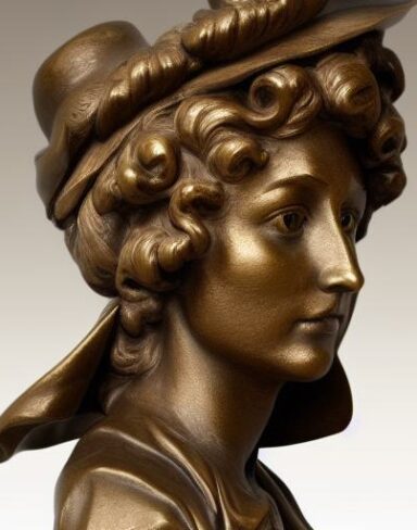 A bronze bust of a female with a hat