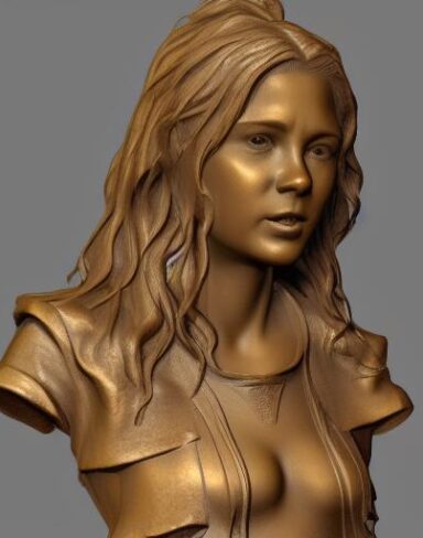 A bronze bust sculpture of a young woman