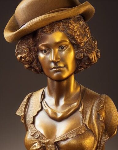 A bronze busturine of a woman wearing a hat