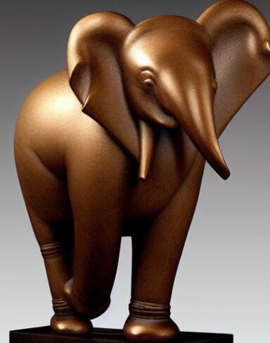 A bronze statue of an elephant with a rock