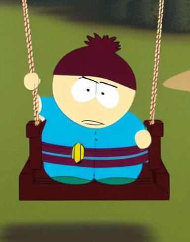 A cartoon character is sitting on a swing inspired by Richard Pionk