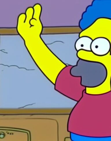 A cartoon character with his hands in the air