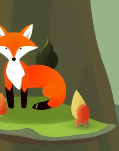 A cartoon fox sitting on top of the mushroom