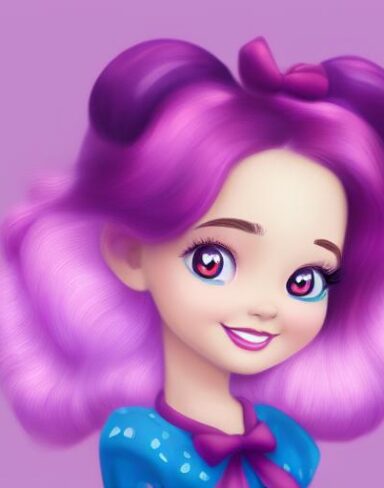 A cartoon girl with purple hair and a red bow in her hair