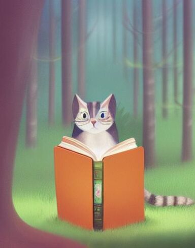A cat reading a book in the woodland