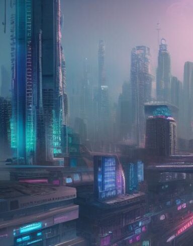A city filled with lots of future buildings and future cars