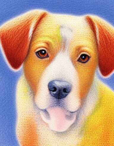 A close up of a painting of a cute dog with white background