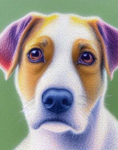 A close up of a painting of a standing dog with white background