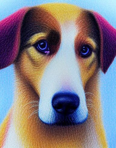 A close up of a painting of a standing dog with white background