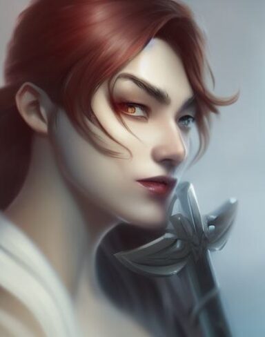 A close up of a woman holding a sword