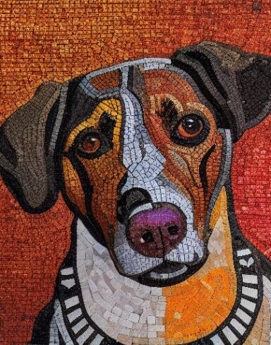 A close up of the mosaic of dog