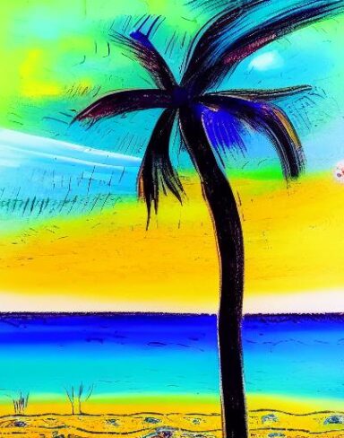 A color painting of a palm tree on a beach side