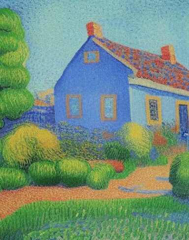 A color painting of the house in a garden