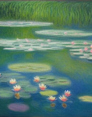 A color painting of water lilies in a pond of water