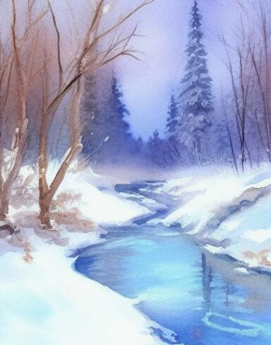 A cosy watercolor painting of snow-covered trees and a stream