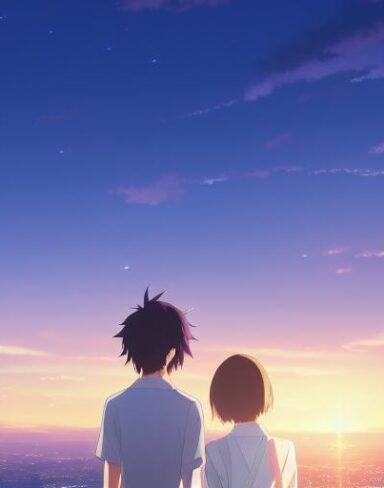 A couple of anime characters with beautiful face standing next to each other